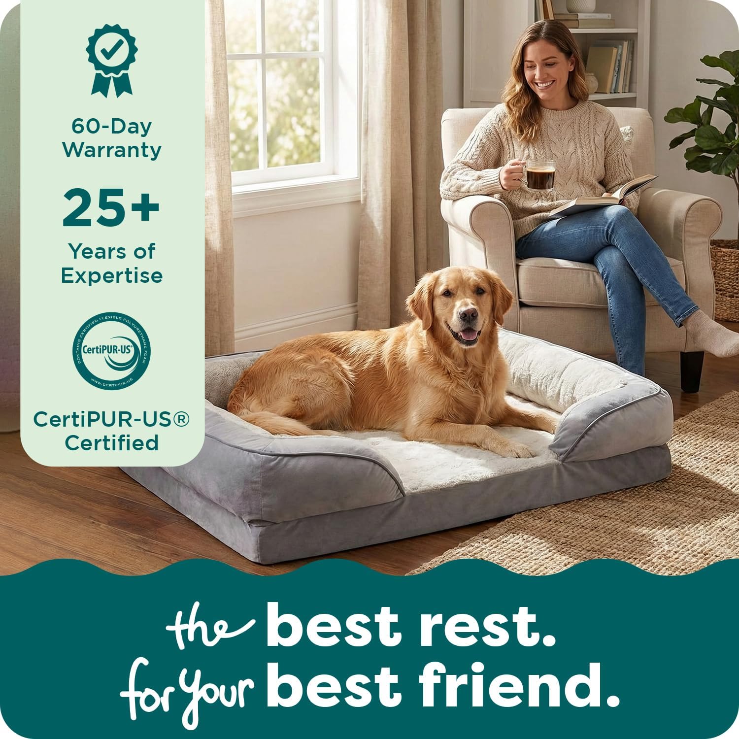 Memory Foam Dog Bed for Large Dogs W/ Removable Bolsters & Washable Cover, for Dogs up to 95 Lbs - Plush & Velvet Waves Perfect Comfort Sofa - Brownstone, Jumbo/Xl
