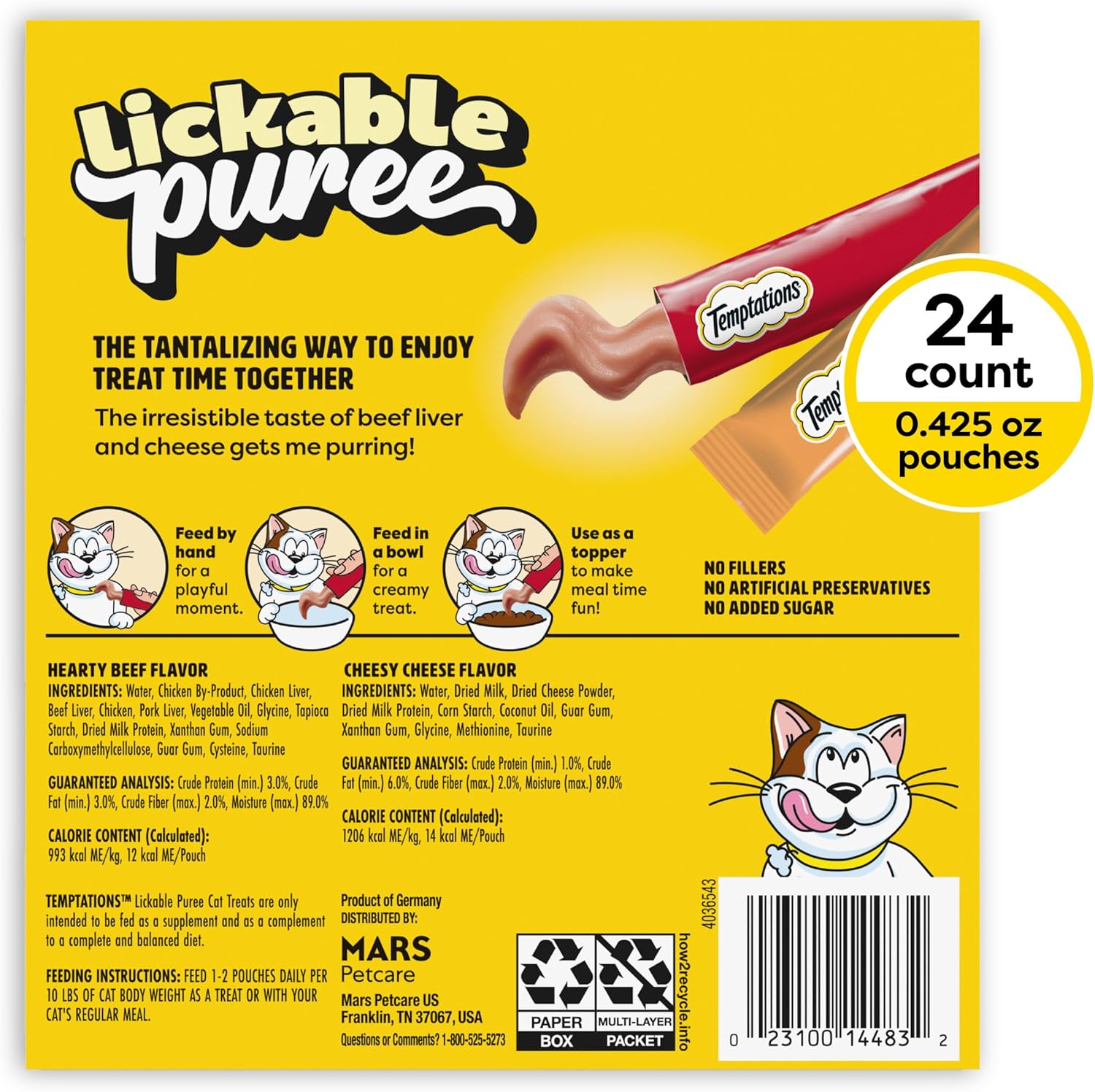 Creamy Puree Squeezable Lickable Cat Treats, Wet Cat Treats with Beef Liver and Cheese Variety Pack, 0.42 Oz. Tubes, 24 Count