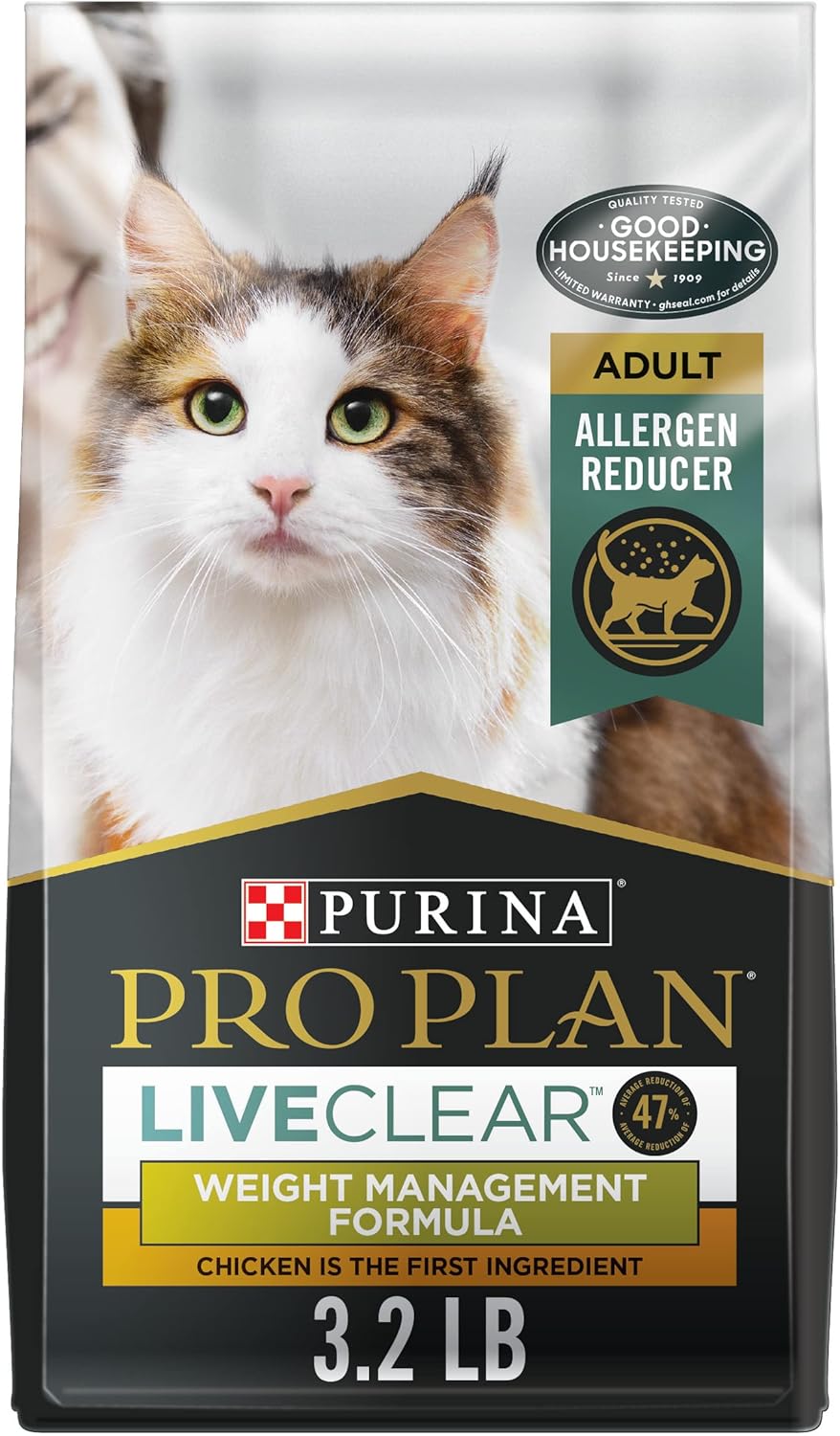 Purina Pro Plan Liveclear Cat Food Weight Management and Cat Allergen Reducer Chicken and Rice Formula - 3.2 Lb. Bag