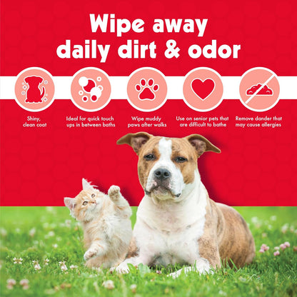 Pet Wipes for Dogs & Cats - 200 Large Wipes - Removes Dirt & Odor - Cleans Ears, Face, Butt, Eye Area - Convenient for Home or Travel - 2 Packs.